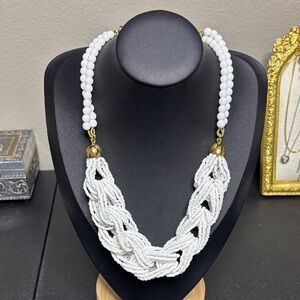 Talbots Boho White Braided Statement Resort Beaded Necklace Gold Tone